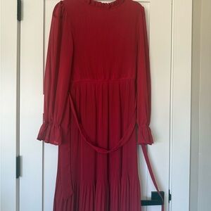 Red Long-Sleeve Pleated Midi Dress with Waist Tie